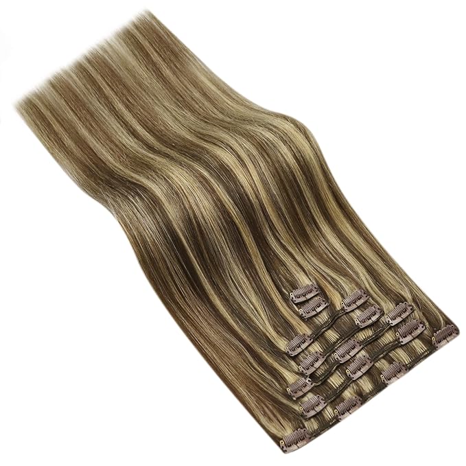 Ve Sunny Clip in Hair Extensions Real Human Hair Highlights Clip on Hair Extensions Dark Brown with Caramel Blonde Highlights Hair Extensions Clip ins for Short Hair Lightweight 5pcs 80g 12inch