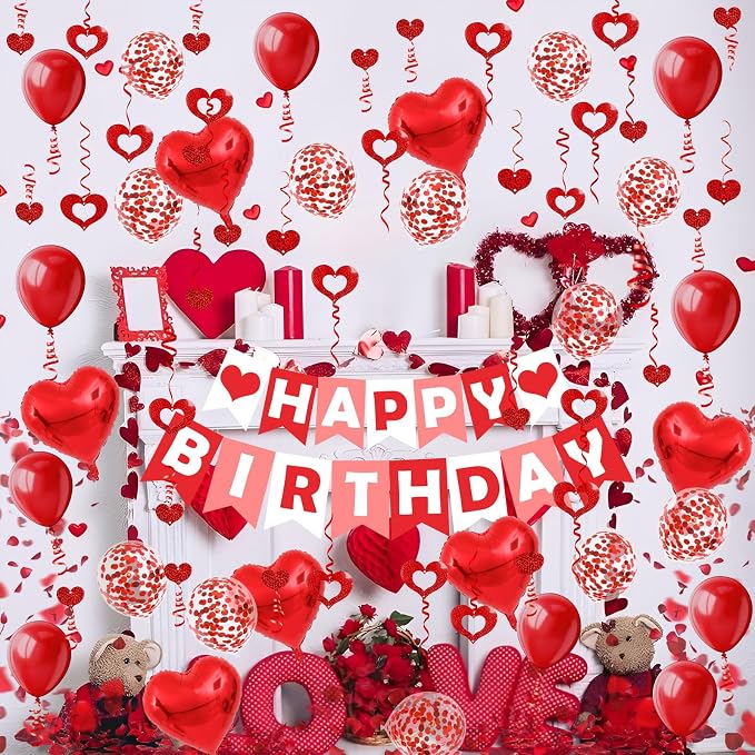 FECEDY Red Happy Birthday Banner Heart-Shaped Aluminum Foil Balloon Round Latex - Image 4