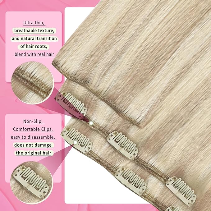 YoungSee 135G Blonde Clip in Human Hair Extensions Highlight Human Hair Clip in Extensions Warm Ash Blond Highlights Bleach Blonde Hair Extensions Clip ins Silky Remy Hair 16Inch 7Pcs