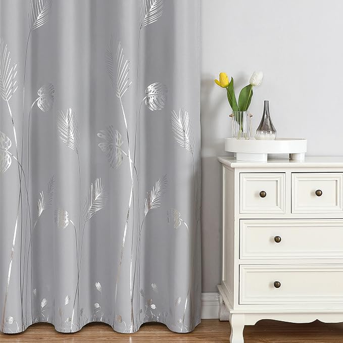 Light Grey Blackout Curtains for Sliding Door Silver Palm Tree Design Pattern - Image 2