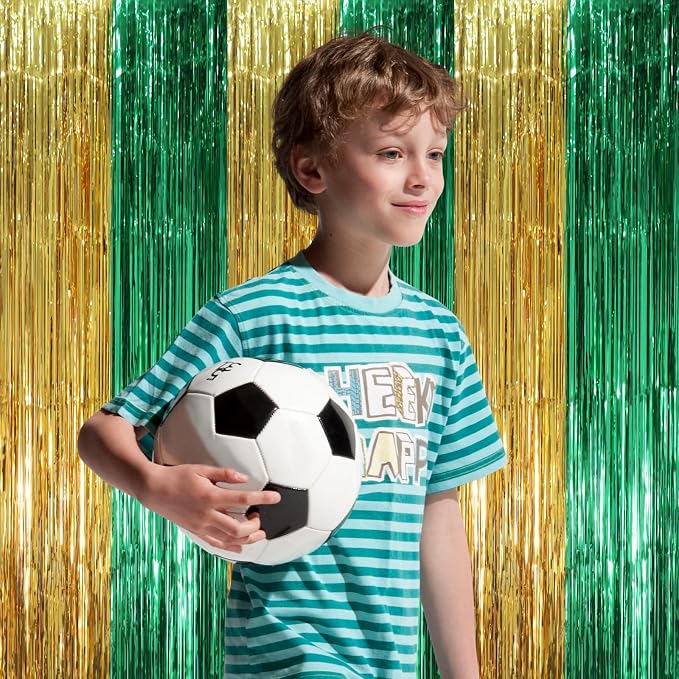 Voircoloria Green Gold Foil Fringe Backdrop Curtains, 2 Pack | Tinsel Streamers - Image 6