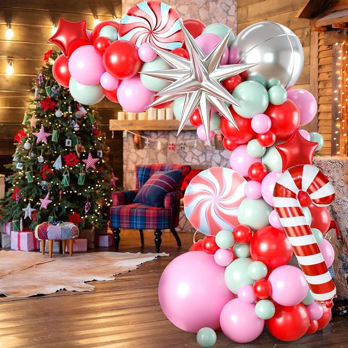 Christmas Balloon Garland Arch Kit, Xmas Candy Cane Windmill Silver Explosion - Image 4