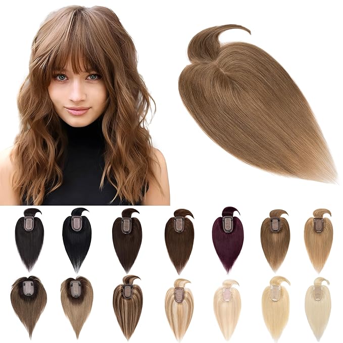 SEGO Hair Toppers for Women Real Human Hair With Bangs, 7 * 13CM Silk Base 100% Remy Human Hair Clip in Top Wiglet Hairpieces Add Volume -18 Inch Light Brown