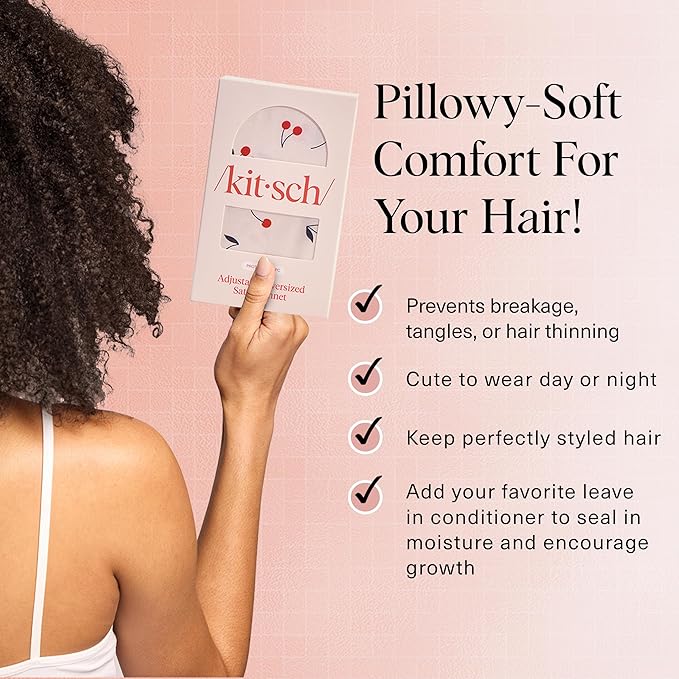 Kitsch XL Satin Bonnet for Sleeping - Softer Than Silk Bonnet For Sleeping Women - Secure Fit, Adjustable, Night Cap For Curly & Textured Hair - Prevents Breakage, Tangles & Thinning - Cherry Print