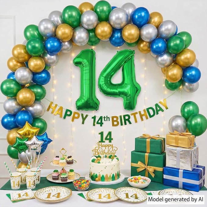 Green Number 14 Balloon 40 Inch, Shiny Foil Duo - Image 3