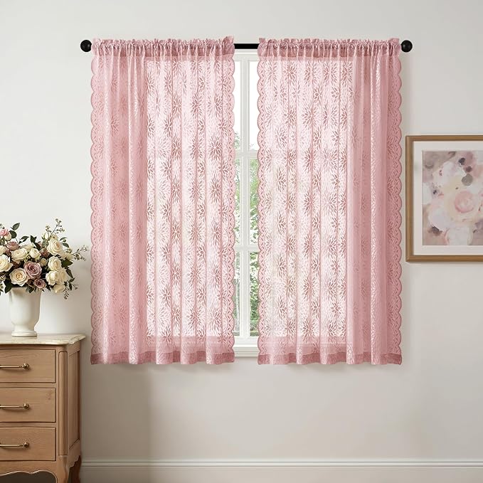 MIULEE Vintage Floral Scalloped Lace Curtains, Light Pink 52" W x 63" L | 2 - Image 7