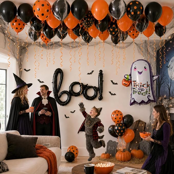 Halloween Black Orange Balloons BOO Ghost Pumpkin Foil Balloons Party Decor | - Image 5