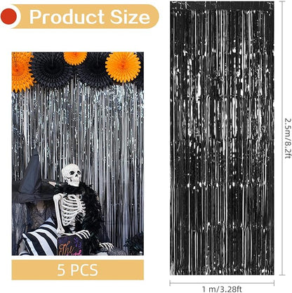 5 Pack Black Fringe Backdrop 3.2ft x 8.2ft Foil Curtain Tinsel Streamers - Image 3