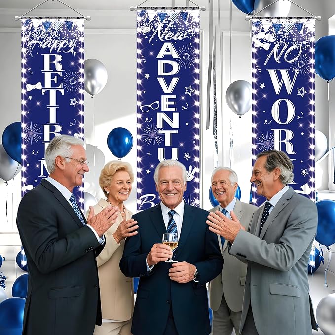 3Pcs Retirement Porch Sign Door Hanging Banner Blue Silver Happy Retirement - Image 7