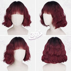 BARSDAR Red Ombre Short Wavy Wig with Bangs - Short Wavy Black to Red Ombre Wig for Women - Soft Synthetic Fluffy Curly Textured French Bob Wigs with Bangs Natural Looking Face-Framing