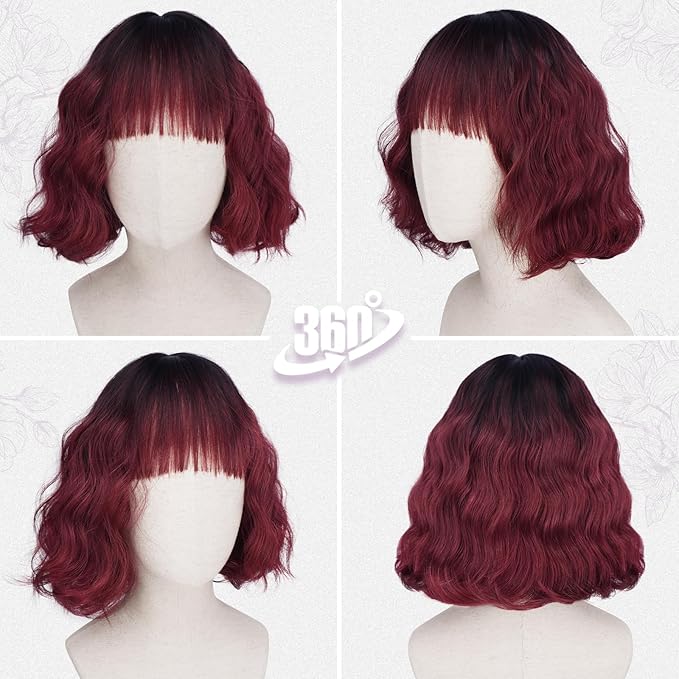 BARSDAR Red Ombre Short Wavy Wig with Bangs - Short Wavy Black to Red Ombre Wig for Women - Soft Synthetic Fluffy Curly Textured French Bob Wigs with Bangs Natural Looking Face-Framing