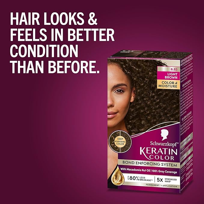 Schwarzkopf Keratin Permanent Hair Dye Cream, 6.83 Light Brown, Professional Quality Color for Up to 100% Gray Coverage, Bond Enforcing System