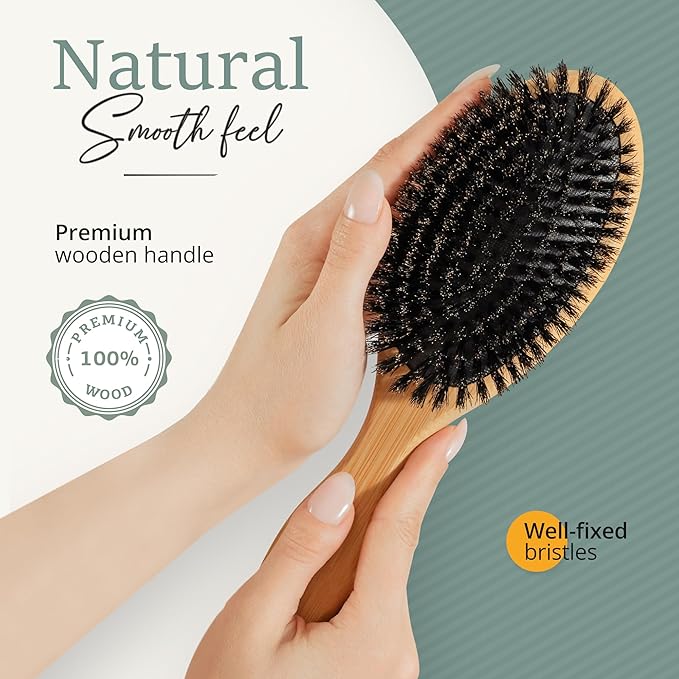 100% Boar Bristle Hair Brush for Women Set by Belula (L Size). Soft Natural Bristles for Thin and Fine Hair. Wooden Comb, Travel Bag and Spa Headband Included!