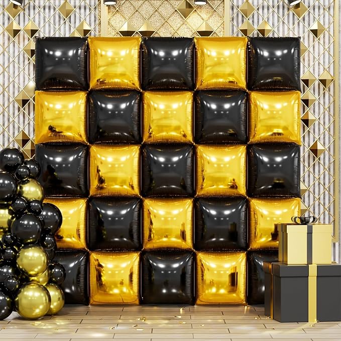 Metallic Gold and Black Double Sided Square Foil Balloons Wall, 19 Inches by FEYG