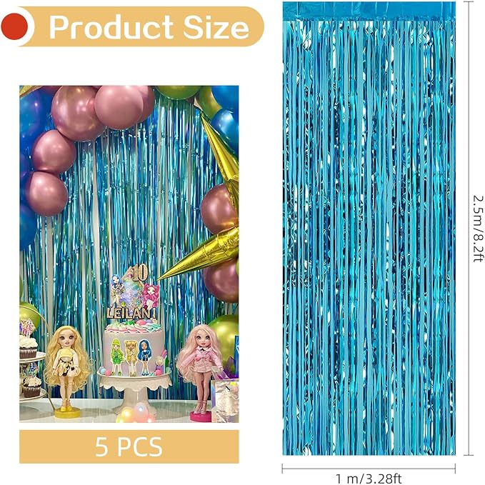5 Pack Blue Fringe Backdrop 3.2ft x 8.2ft Teal Blue Foil Fringe Curtains Party - Image 3