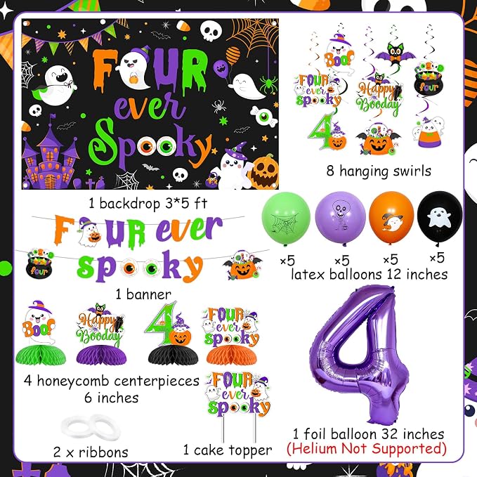 Halloween 4th Birthday Party Decorations Four Ever Spooky Backdrop Banner - Image 6