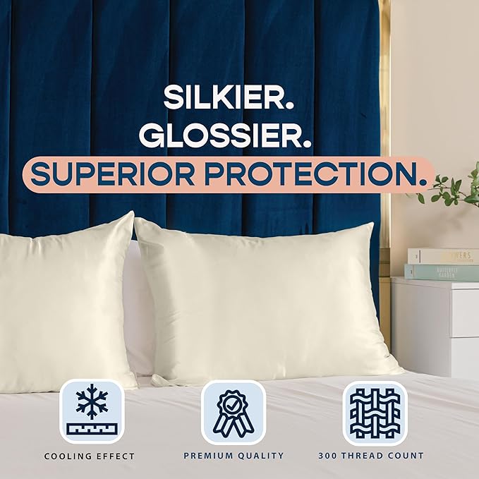 BLISSFORD Satin Pillowcase with Zipper, for Hair and Skin Care, Feels Soft and Cool Like a Silk Pillowcase, Satin Pillow Cases 2 Pack, Slik Pillow Cover, Ivory - Standard Size, Set of 2