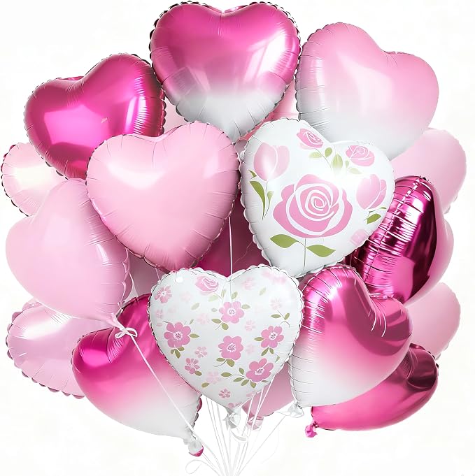PartyWoo Pink White Rose Hot Pink White Heart Foil 15pcs Balloons 18 Inch | by PartyWoo