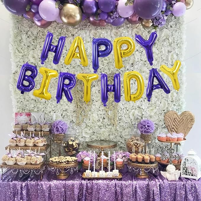 TONIFUL 16 Inch Purple and Gold Happy Birthday Balloons Banner Decorations | - Image 3