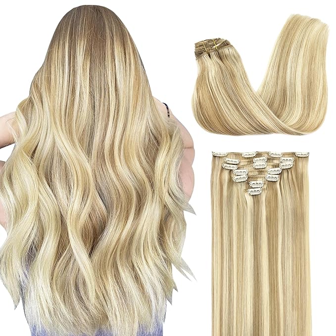 GOO GOO Clip in Hair Extensions Real Human Hair, Remy Human Hair Extensions Clip ins for Women, Natural Human Hair, 22inch 120g 7Pcs, 18A/613A Dark Blonde Highlighted Bleach Blonde