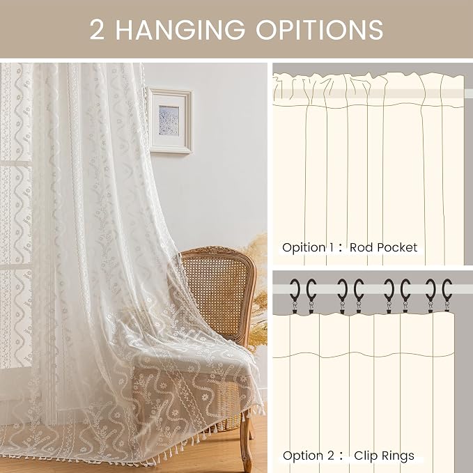 WAZZIO White Boho Lace Curtains 96 Inch -Cute Vintage Victorian Sheer Panel - Image 7