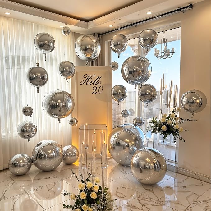 14 Pcs Silver Round Foil Balloons 22/15/10 4D Ball Balloons Metallic Silver - Image 6