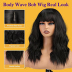 Black Wig with Bangs,Black Wavy Wigs for Women,Shoulder Length Curly Synthetic Hair Wig for Party Daily Use 18IN…
