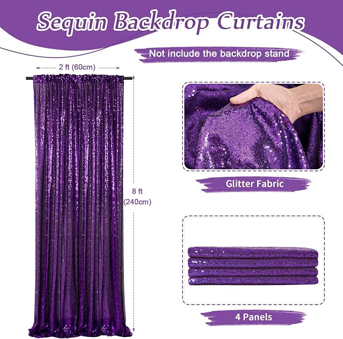 Purple Sequin Backdrop Curtain 4 Pcs 2ftx8ft Sparkly Glitter Wedding Party - Image 3
