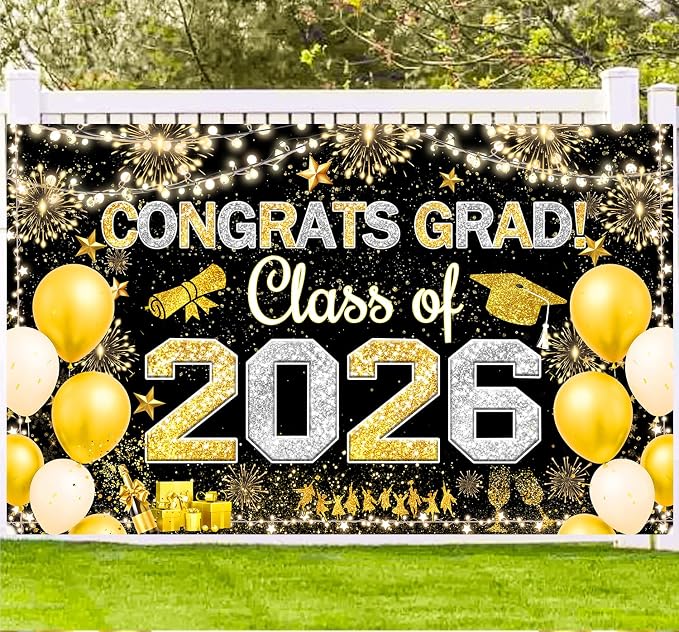 Famoby Congrats Grad Class of 2026 Hanging Banner Fabric Sign Poster Background by Famoby