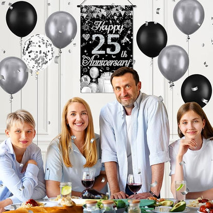Happy Anniversary Decorations Small Banner Black Silver Happy 25th Anniversary - Image 4