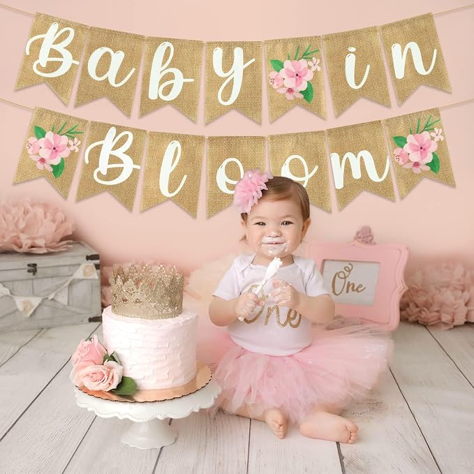 ANGOLIO 2Pcs Floral Baby in Bloom Baby Shower Burlap Banner Decoration Wall - Image 5
