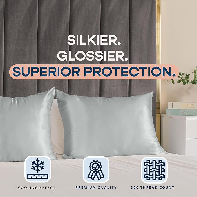 BLISSFORD Satin Pillowcase with Zipper, for Hair and Skin Care, Feels Soft and Cool Like a Silk Pillowcase, Satin Pillow Cases 2 Pack, Slik Pillow Cover, Silver Grey - Standard Size, Set of 2