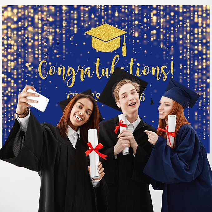 Mocsicka Class of 2026 Backdrop Blue Gold Glitter Bokeh Graduation Party - Image 7