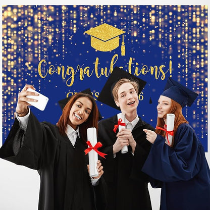 Mocsicka Class of 2026 Backdrop Blue Gold Glitter Bokeh Graduation Party - Image 7