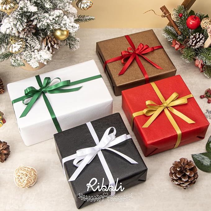 Ribbli Christmas Satin Ribbon 3/8 Inch x 4 Rolls Total 40 Yards- Red White - Image 2