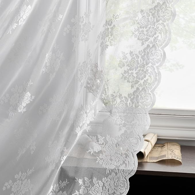 Kotile White Lace Curtains for Bedroom Country Floral 42 x 63 Inch 2 Panels | by Kotile+Curtains