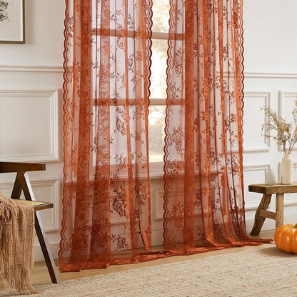 Burnt Orange Lace Curtains 54 Inch Length 2 Panels Country Rustic Floral Sheer - Image 3