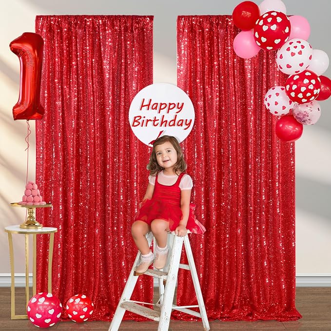 Red Sequin Curtains 2 Packs 3ftx8ft Photo Booths Backdrop - Image 3