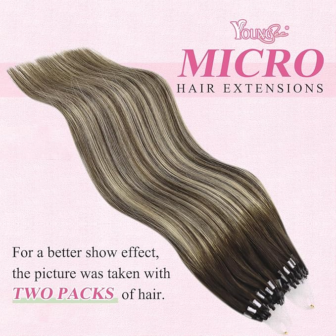 YoungSee Micro Link Hair Extensions Human Hair Balayage Micro Loop Hair Extensions Dark Brown Ombre Blonde Balayage Brown Bead Extension Human Hair 20In 50g 50s Microring Hair Extension for Wedding