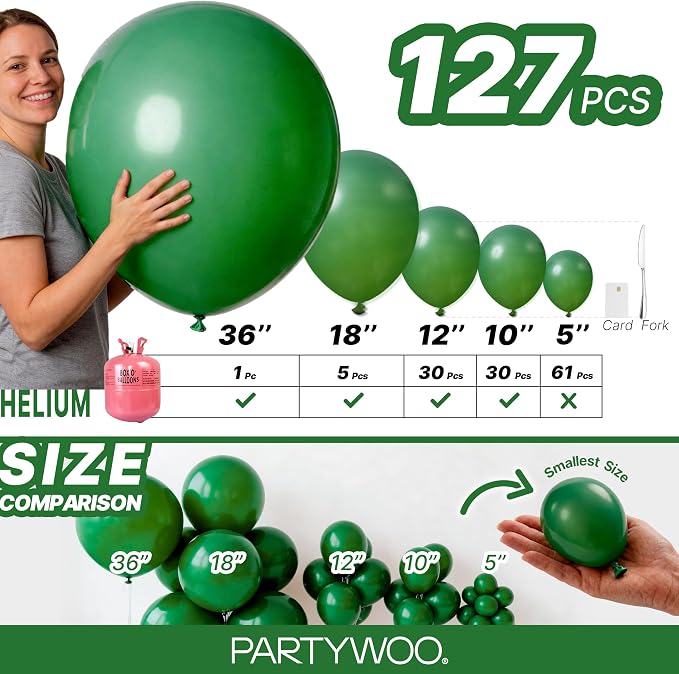PartyWoo Dark Green Balloons 127pcs Emerald Hunter Forest Green Color | - Image 6