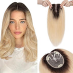 Hairro 100% Human Hair Topper No Bangs, Real Clip in Hair Hairpieces for Women, 3.94x4.72" Silk Base for Thinning Receding High Hairline, 10 Inch Natural Black to Blonde Middle Part