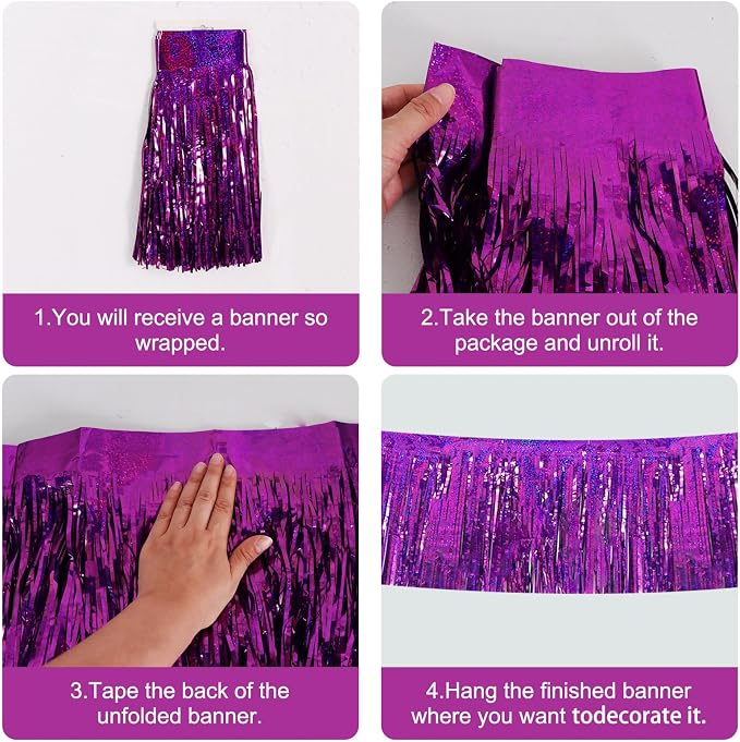 BEISHIDA Laser Purple Fringe Garland Banner 30ft Wall Tinsel Foil Streamers | - Image 3