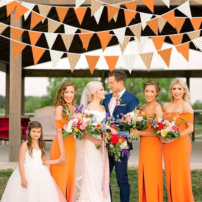 32Ft Orange Party Decorations Orange Stripe Dot Triangle Flag Fabric Banner - Image 5
