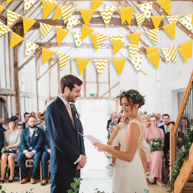 39Ft White and Gold Party Decorations Polka Dot Stripe Triangle Pennant Banner - Image 5