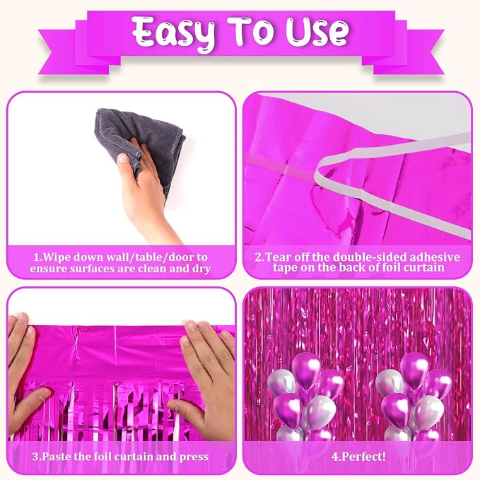 Voircoloria Pink Foil Fringe Backdrop Curtains, 3 Pack | Tinsel Streamers - Image 4