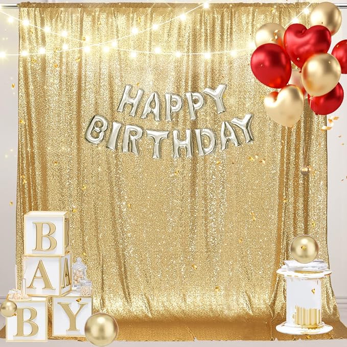 PartyDelight Gold Sequin Backdrop 6x8ft Sparkly Photo Curtain | 4 Inch Rod - Image 3