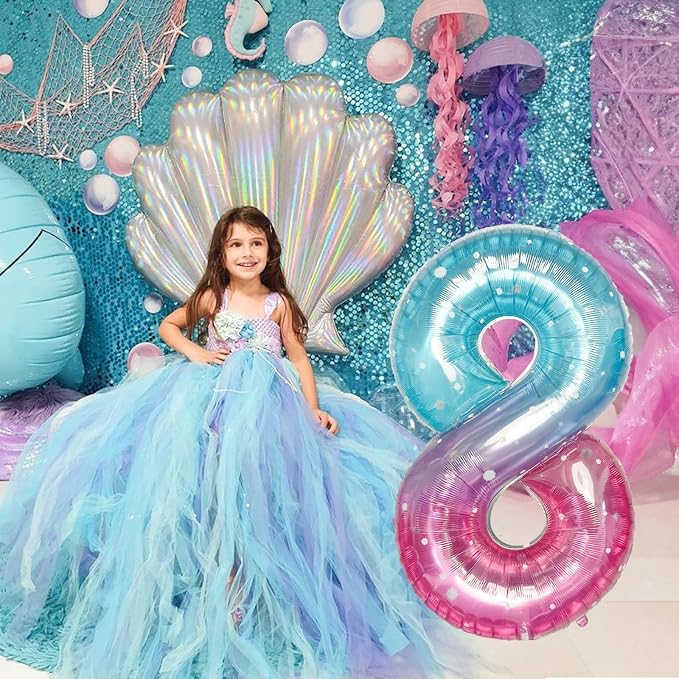 Purple Teal Number 8 Balloons, 40 Inch Giant Mermaid Starry Mylar Foil Number 8 - Image 5