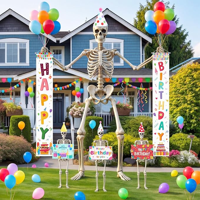 82 Pcs 12 ft Skeleton Birthday Costume Accessories Include Happy Birthday - Image 5