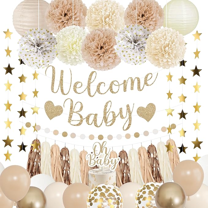 Amandir Neutral Baby Shower Decorations Welcome Baby Banner | Beige Balloons by Amandir
