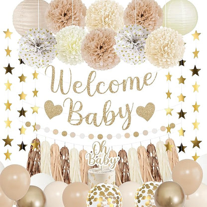 Amandir Neutral Baby Shower Decorations Welcome Baby Banner | Beige Balloons by Amandir